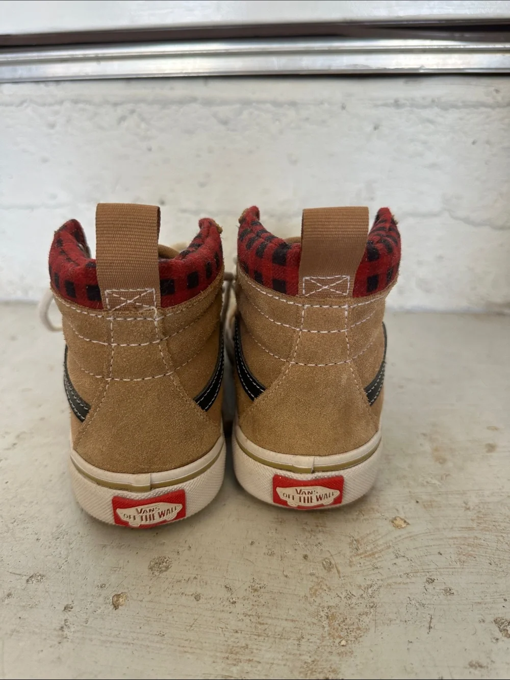 Kids High-Top Sneakers in Tan with Red Plaid Collar